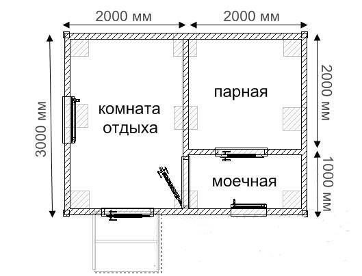 Проекты бань из бруса 3х4 — чертеж