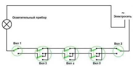 Двухклавишный проходной выключатель: устройство + схема подключения + советы по монтажу