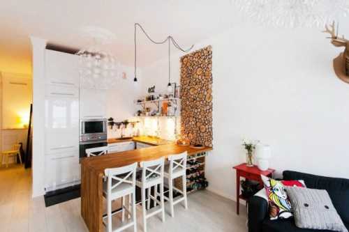 Квартира-студия 28 кв. м — Дизайн интерьера (фото). Интерьер кухни, совмещенной с гостиной.